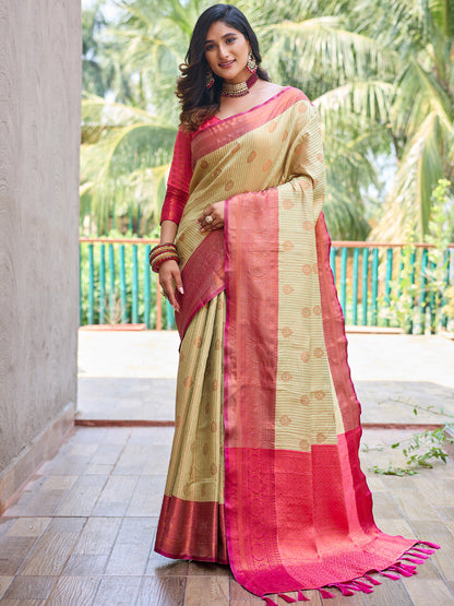 Rajwada Women's Beige Silk  Saree with unstitched Blouse