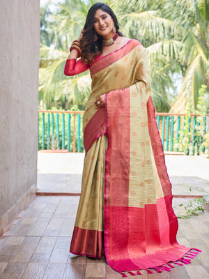 Rajwada Women's Beige Silk  Saree with unstitched Blouse