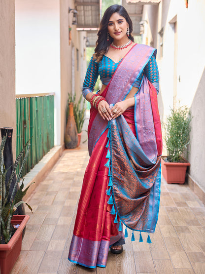 Rajwada Women's Red Silk  Saree with unstitched Blouse