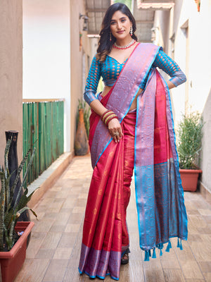 Rajwada Women's Red Silk  Saree with unstitched Blouse