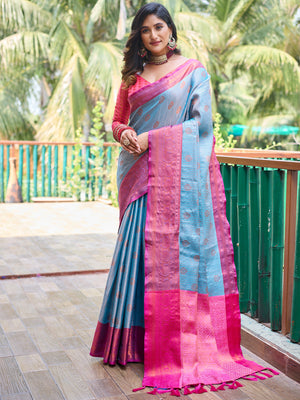 Rajwada Women's Blue Silk  Saree with unstitched Blouse