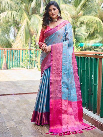 Rajwada Women's Blue Silk  Saree with unstitched Blouse