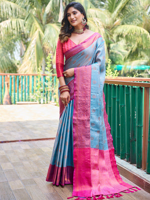 Rajwada Women's Blue Silk  Saree with unstitched Blouse