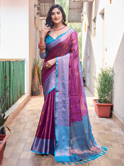 Rajwada Women's Purple Silk Saree with Unstitched Blouse