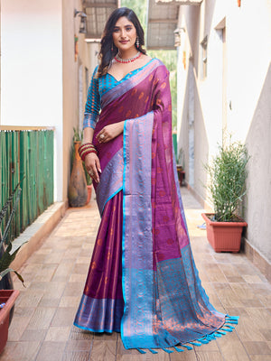 Rajwada Women's Purple Silk Saree with Unstitched Blouse