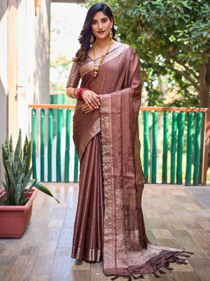 Rajwada Women's Brown Silk  Saree with Unstitched Blouse
