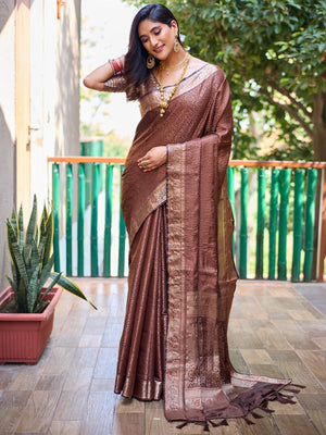 Rajwada Women's Brown Silk  Saree with Unstitched Blouse