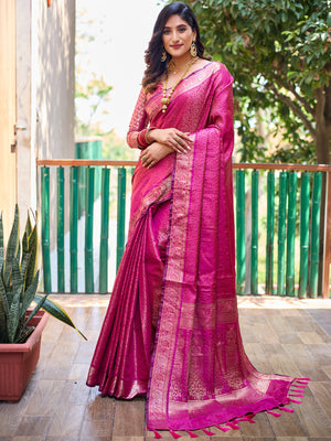 Rajwada Women's Pink Silk  Saree with unstitched Blouse