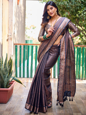 Rajwada Women's Navy Blue Silk  Saree with unstitched Blouse