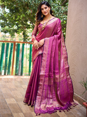 Rajwada Women's Purple Silk  Saree with unstitched Blouse