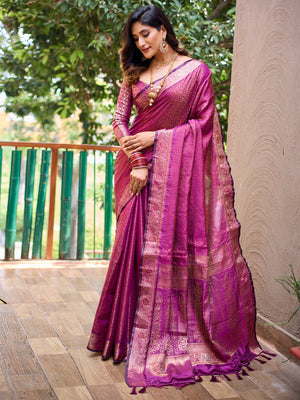 Rajwada Women's Purple Silk  Saree with unstitched Blouse