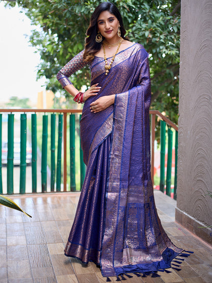 Rajwada Women's Blue Silk Saree with Unstitched Blouse