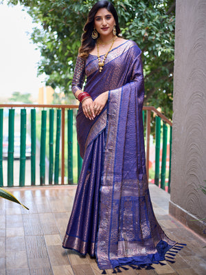 Rajwada Women's Blue Silk Saree with Unstitched Blouse