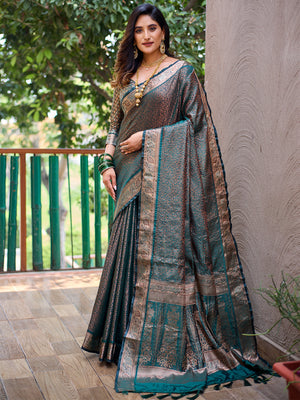 Rajwada Women's Teal Silk  Saree with unstitched Blouse