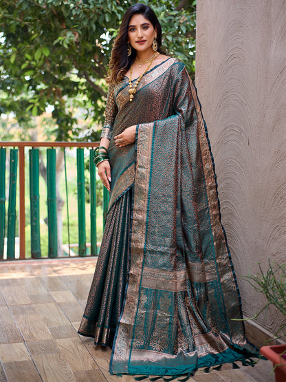 Rajwada Women's Teal Silk  Saree with unstitched Blouse