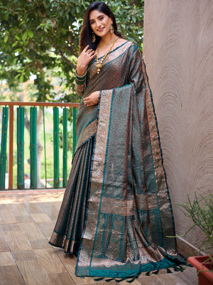Rajwada Women's Teal Silk  Saree with unstitched Blouse