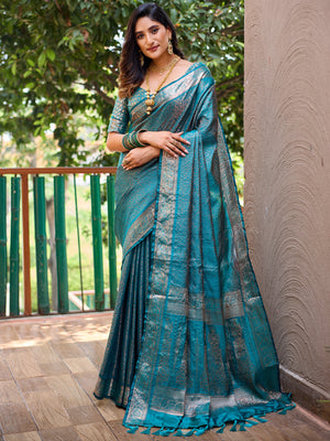 Rajwada Women's Blue Silk  Saree with unstitched Blouse