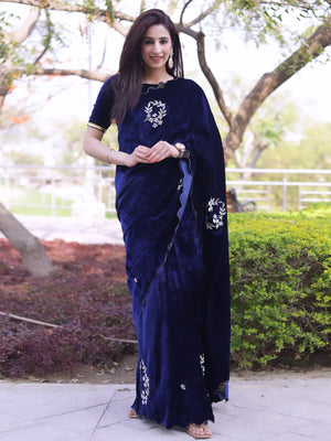 Rajwada Women Velvet Embroidered Blue Saree With Blouse Piece