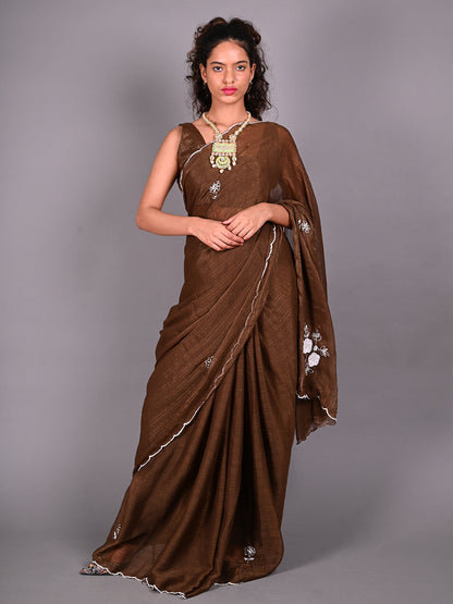 Rajwada Brown Silk Blend Embroidered Saree For Women