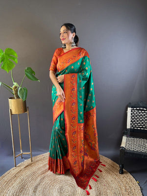 Rajwada Green Woven Design Silk Blend Saree With Unstitched Blouse For Women