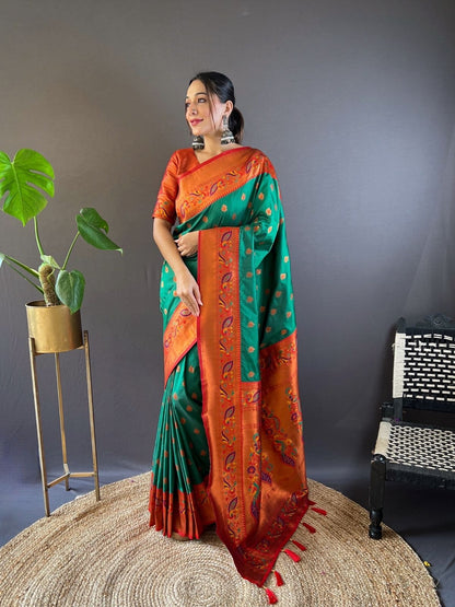 Rajwada Green Woven Design Silk Blend Saree With Unstitched Blouse For Women