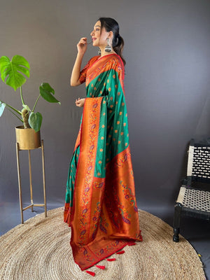Rajwada Green Woven Design Silk Blend Saree With Unstitched Blouse For Women