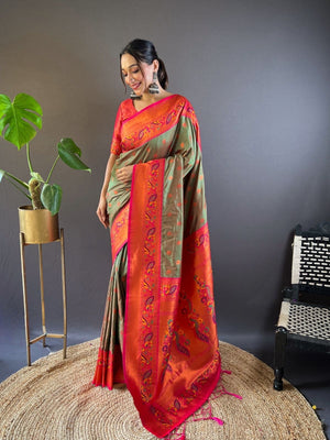 Rajwada Olive Woven Design Silk Blend Saree With Unstitched Blouse For Women