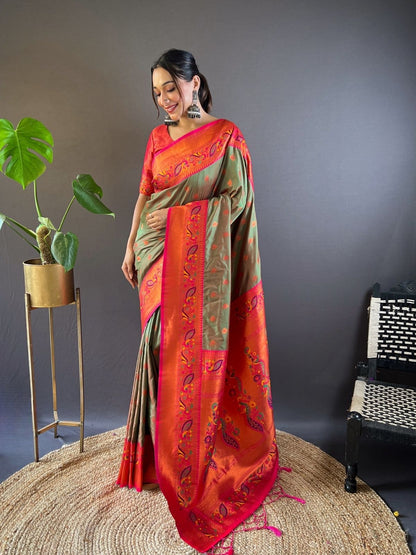 Rajwada Olive Woven Design Silk Blend Saree With Unstitched Blouse For Women