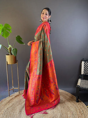 Rajwada Olive Woven Design Silk Blend Saree With Unstitched Blouse For Women