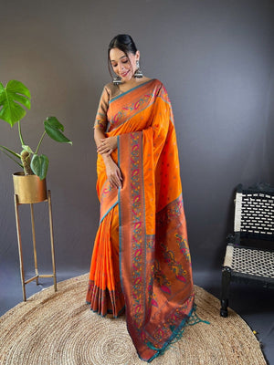Rajwada Orange Woven Design Silk Blend Saree With Unstitched Blouse For Women