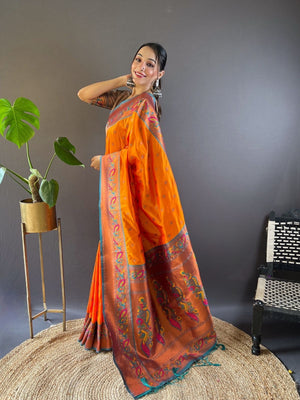 Rajwada Orange Woven Design Silk Blend Saree With Unstitched Blouse For Women