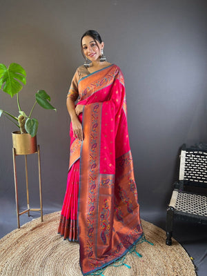 Rajwada Pink Woven Design Silk Blend Saree With Unstitched Blouse For Women