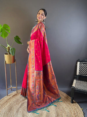 Rajwada Pink Woven Design Silk Blend Saree With Unstitched Blouse For Women