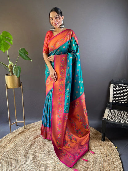 Rajwada Teal Woven Design Silk Blend Saree With Unstitched Blouse For Women