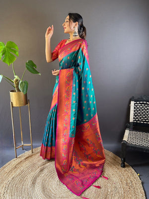 Rajwada Teal Woven Design Silk Blend Saree With Unstitched Blouse For Women