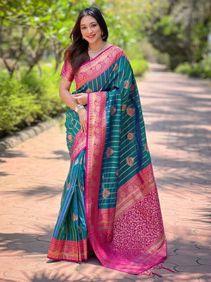 Rajwada Teal Woven Design Soft Silk Saree With Unstitched Blouse For Women