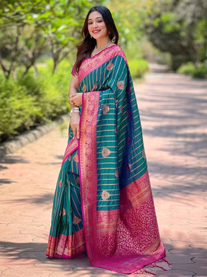 Rajwada Teal Woven Design Soft Silk Saree With Unstitched Blouse For Women