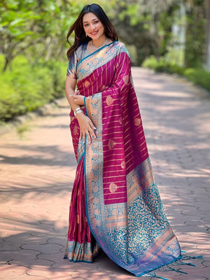 Rajwada Magenta Woven Design Soft Silk Saree With Unstitched Blouse For Women