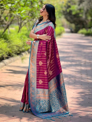 Rajwada Magenta Woven Design Soft Silk Saree With Unstitched Blouse For Women