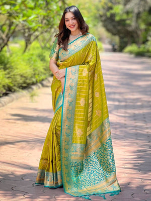 Rajwada Olive Woven Design Soft Silk Saree With Unstitched Blouse For Women