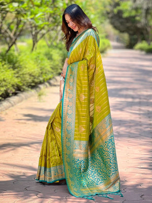 Rajwada Olive Woven Design Soft Silk Saree With Unstitched Blouse For Women