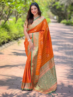 Rajwada Orange Woven Design Soft Silk Saree With Unstitched Blouse For Women