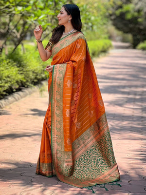 Rajwada Orange Woven Design Soft Silk Saree With Unstitched Blouse For Women