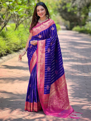 Rajwada Navy Blue Woven Design Soft Silk Saree With Unstitched Blouse For Women