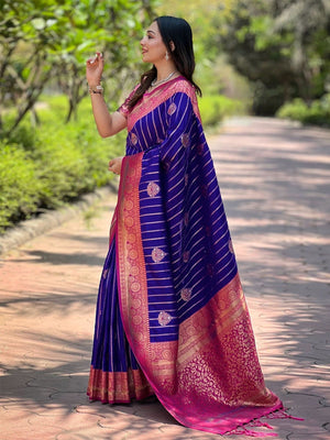 Rajwada Navy Blue Woven Design Soft Silk Saree With Unstitched Blouse For Women
