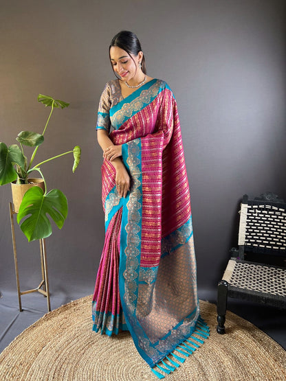 Rajwada Pink Woven Design Soft Silk Saree With Unstitched Blouse For Women