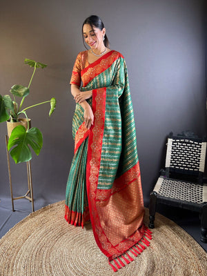 Rajwada Green Woven Design Soft Silk Saree With Unstitched Blouse For Women