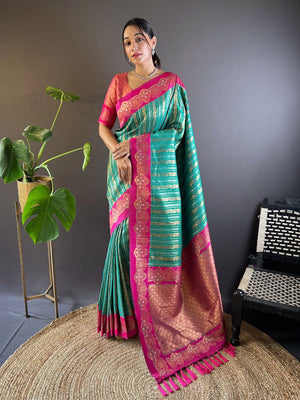 Rajwada Sea Green Woven Design Soft Silk Saree With Unstitched Blouse For Women