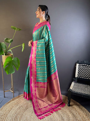 Rajwada Sea Green Woven Design Soft Silk Saree With Unstitched Blouse For Women