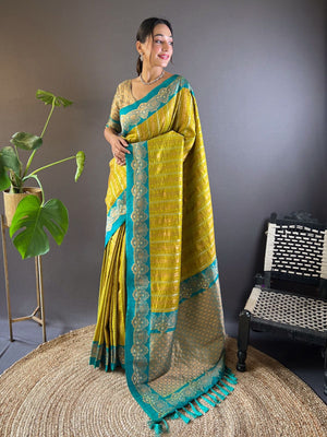 Rajwada Olive Woven Design Soft Silk Saree With Unstitched Blouse For Women